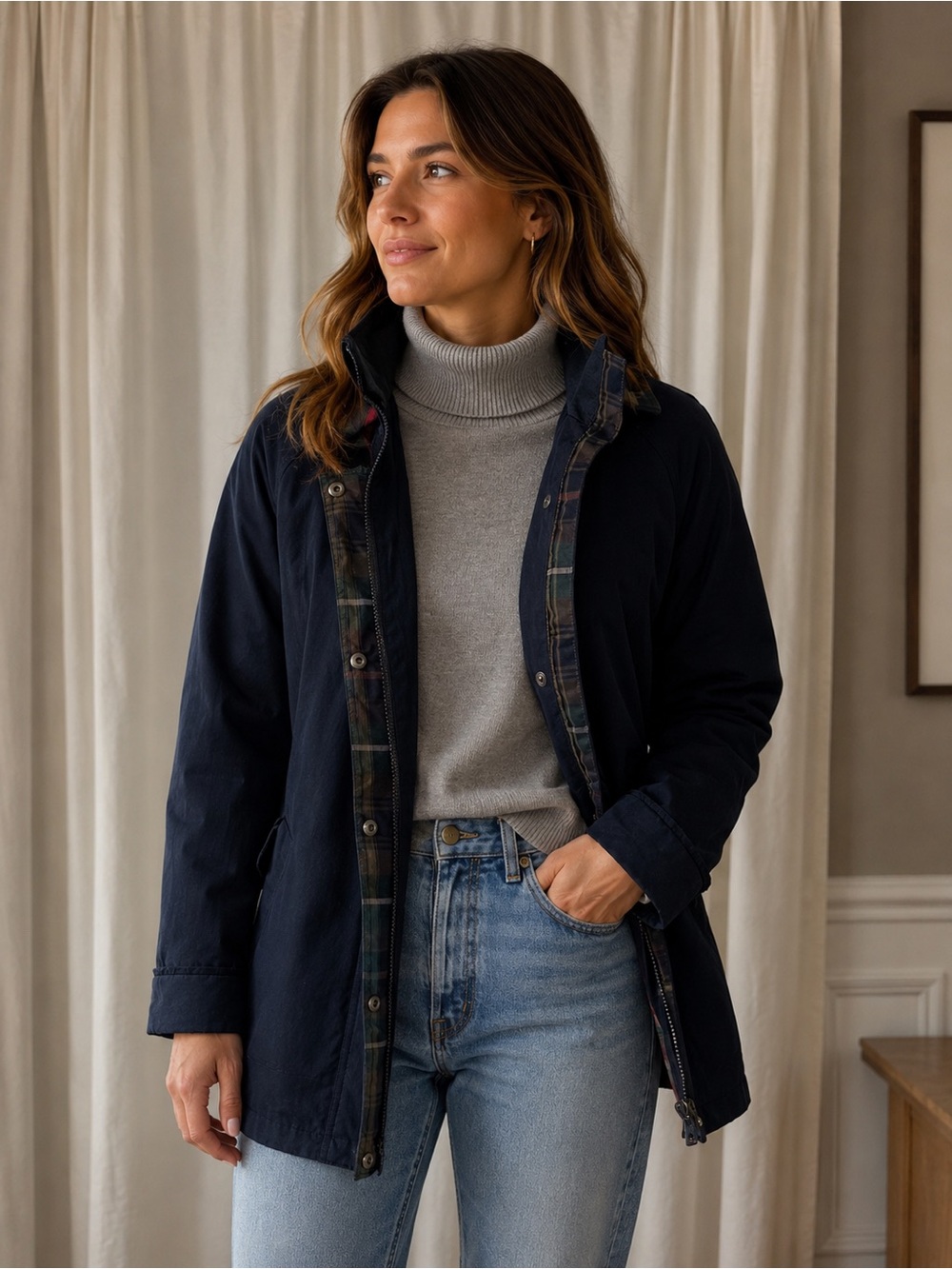Pendleton Navy Utility Jacket with Plaid Trim